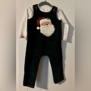Mud Pie Green Santa Overalls with White Shirt